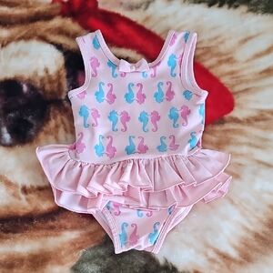 Rachel Riley Pink One-Piece Swimsuit with Blue & Pink Seahorse Print